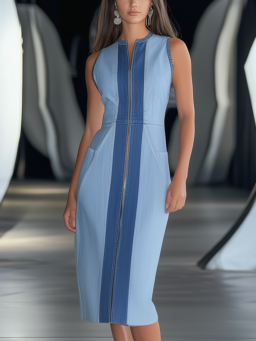 Color Block Denim Midi Bodycon Dress With Zipper