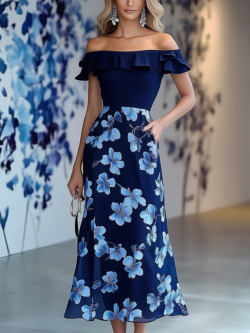 Off Shoulder Navy Midi Dress With Blue Flower Print