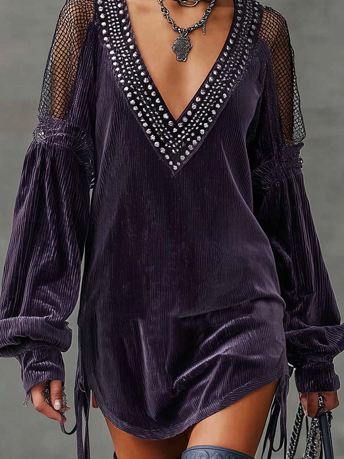 Purple Corduroy V-neck Rhinestone Embellished Mesh Tie Up Mini Dress
