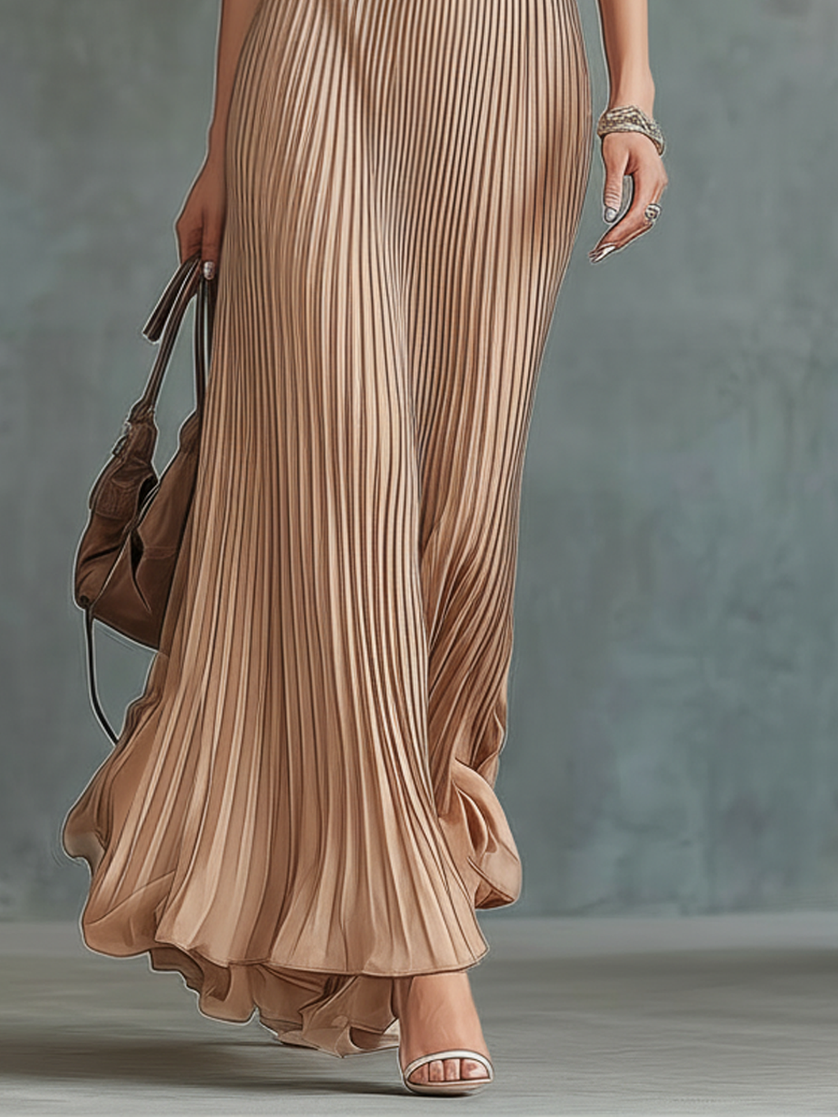 Champagne-colored Chiffon Halter Neck Ruffled Maxi Dress