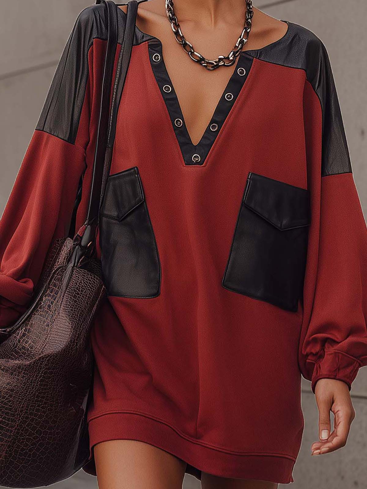 Red Fabric Blend Faux Leather V-neck Mini Dress With Metal Buckles And Patch Pockets