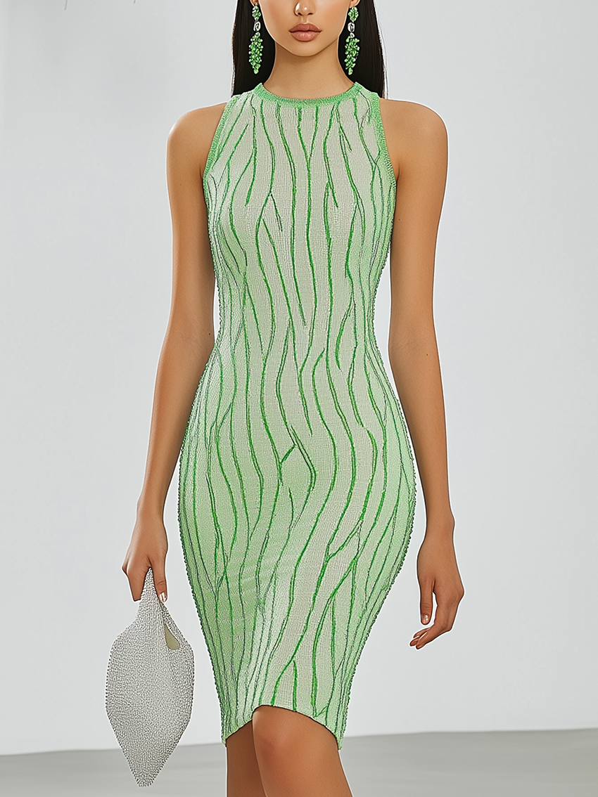 Sleeveless Light Green Knit Midi Bodycon Dress With Fashion Stripes