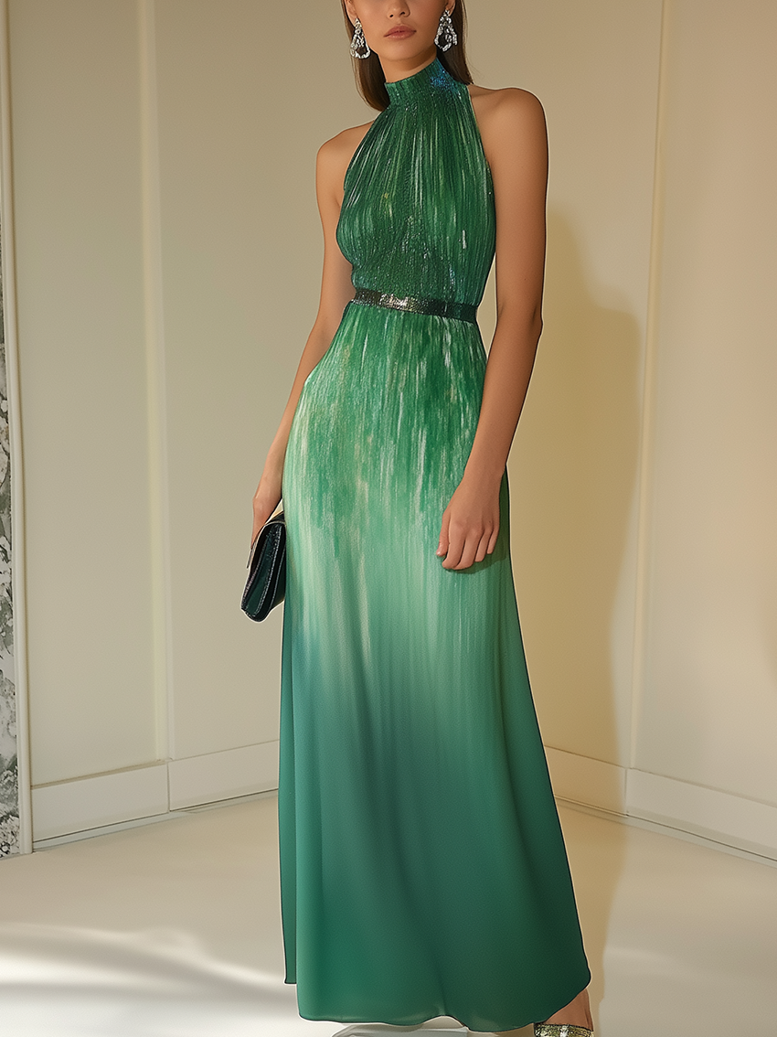 Maxi Dress With Green Gradient Pattern Print With Belt