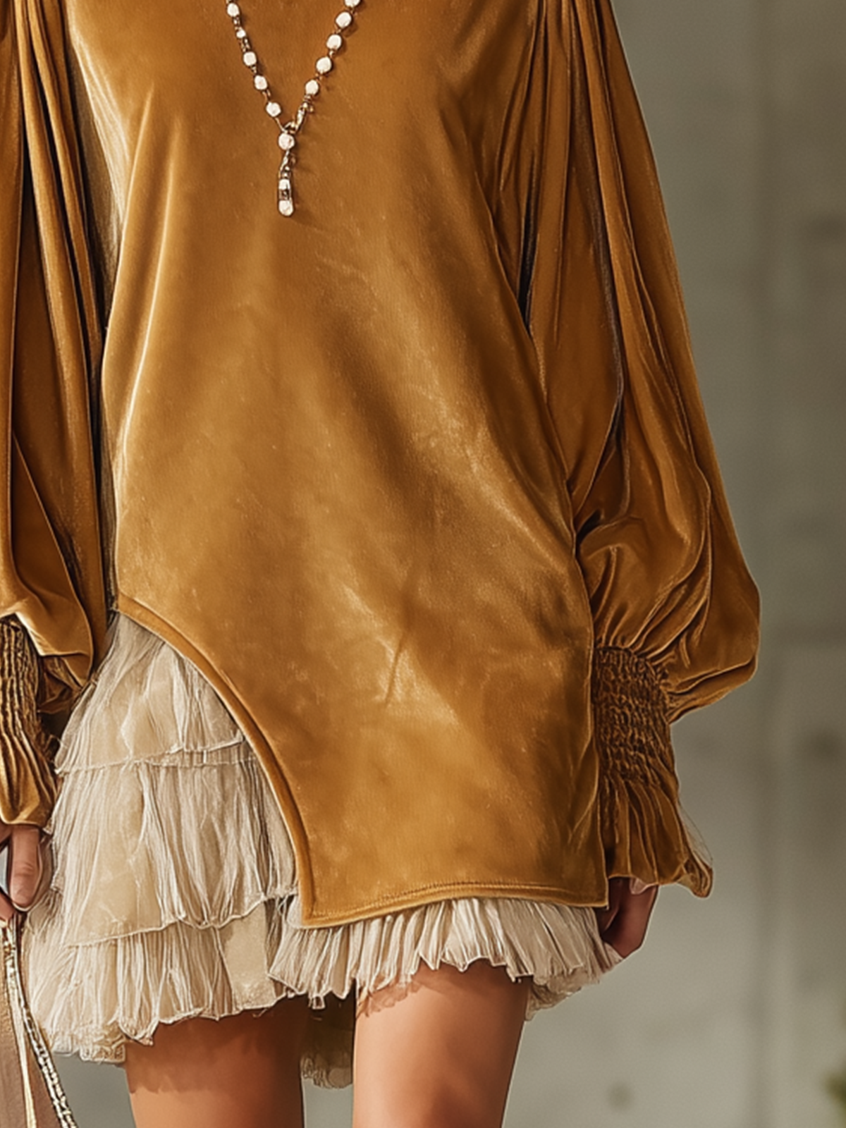 Golden Velvet Puff Sleeve Layered Tulle Mini Dress