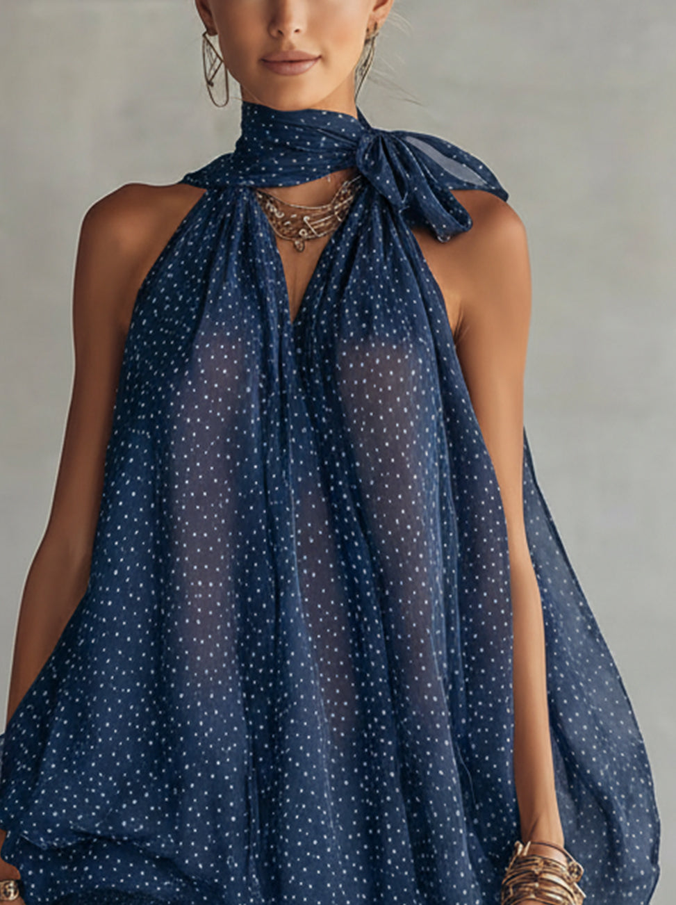 Blue Polka Dot Halter Neck Lace Hem Chiffon Mini Dress