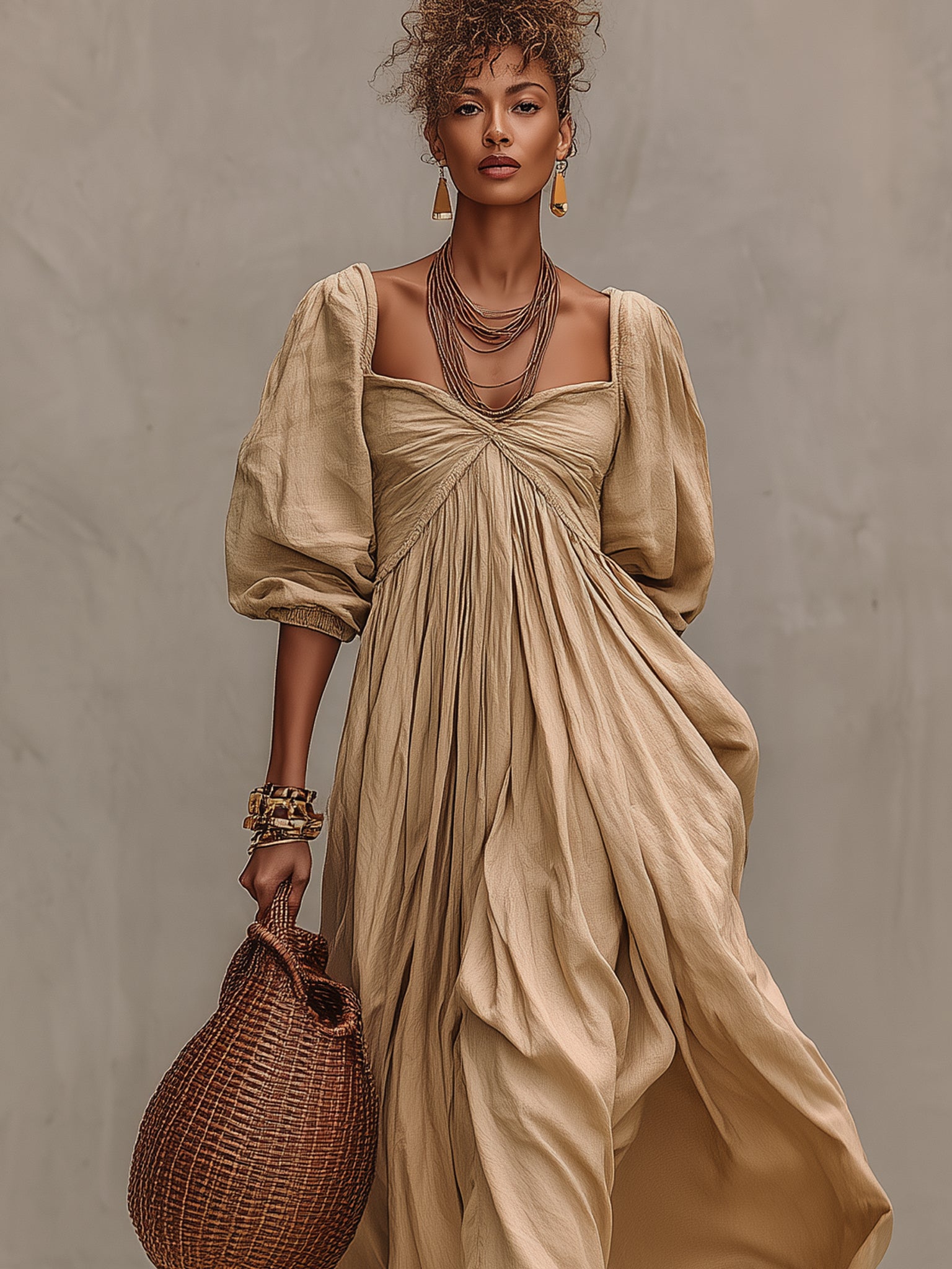 Light Coffee Linen Blend Maxi Dress With Lace Hem