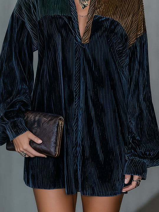 Colorblock Velvet Mini Shirt Dress In Deep Navy And Olive