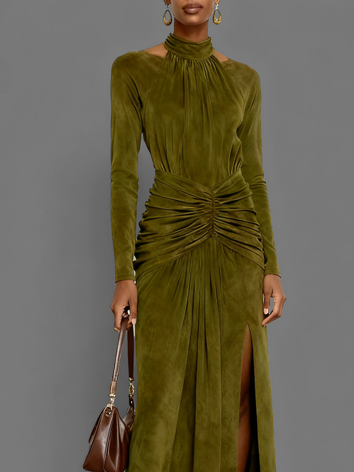 Olive Green Gathered Faux Suede Maxi Dress With High Neck And Slit