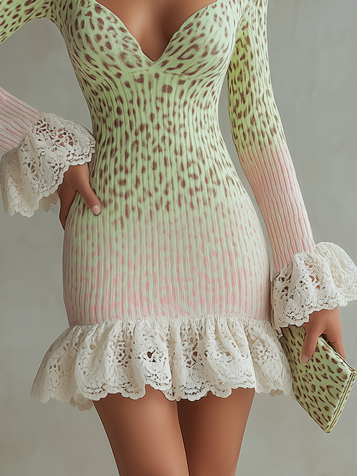 Pastel Leopard Lace Trimmed Mini Dress