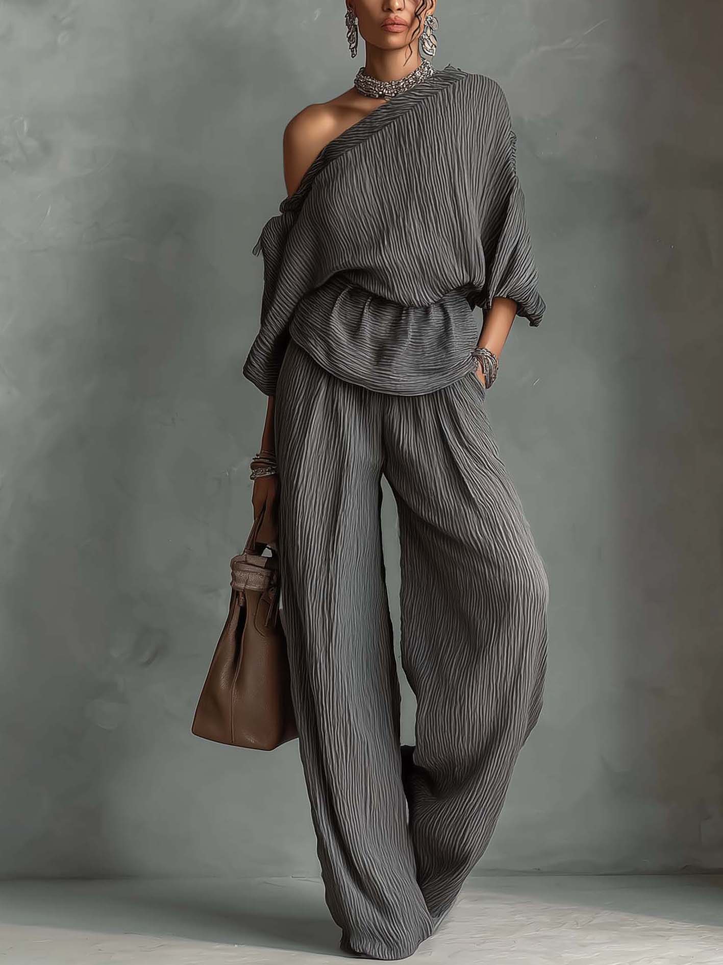 Dark Gray Pleated One Shoulder Top And Wide Leg Pants Set