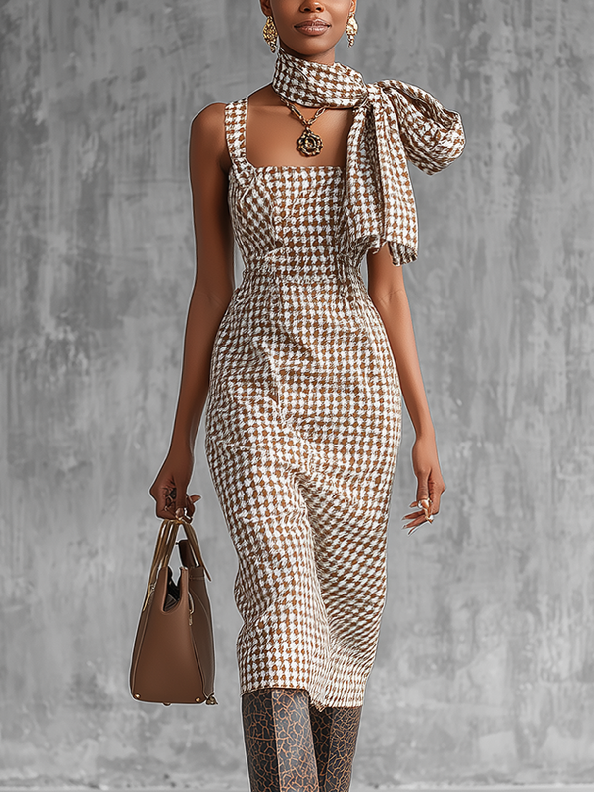 Mocha Houndstooth Tweed Sleeveless Midi Dress
