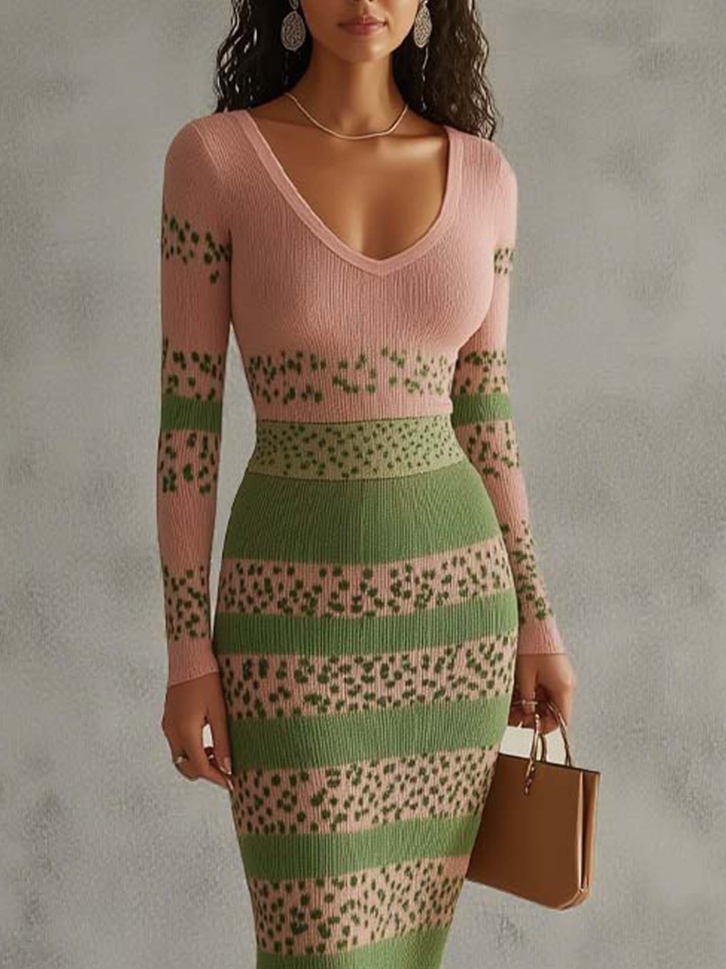 Pink Knitted Midi Bodycon Dress With Green Leopard Print And Lines