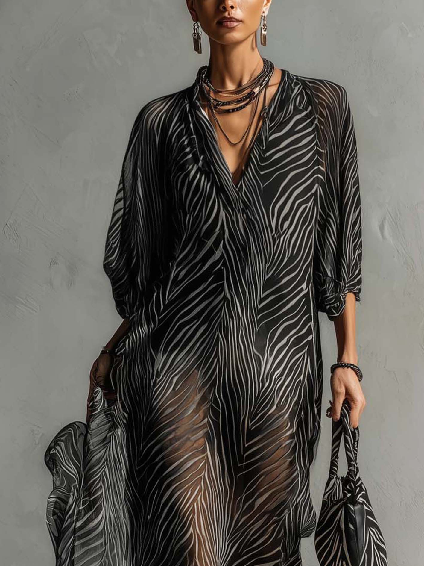 Elegant Boho Black Zebra Print Chiffon Maxi Dress