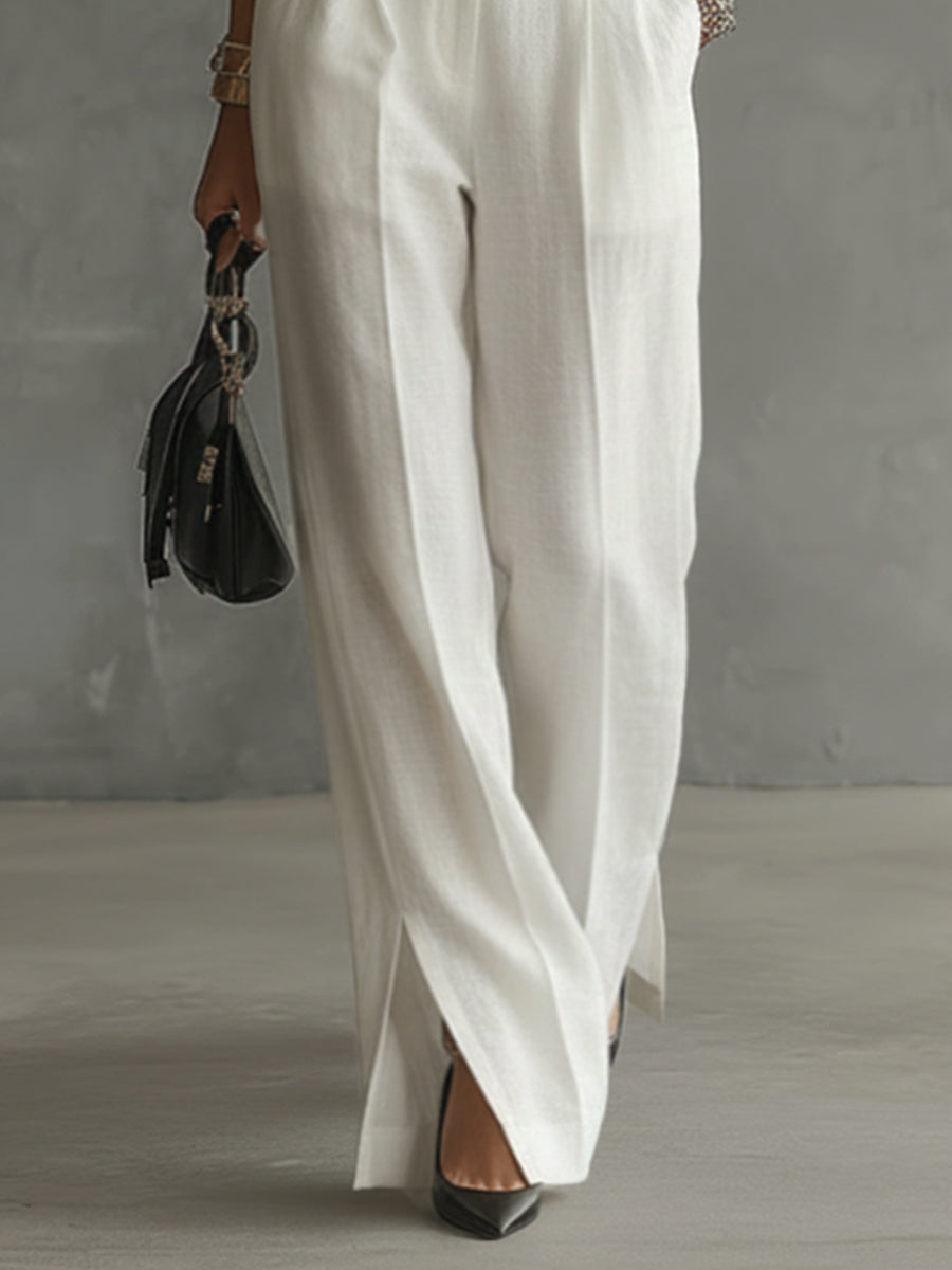 Ivory Chiffon Sleeveless Ruffle High-Neck Blouse And Linen Trousers Set