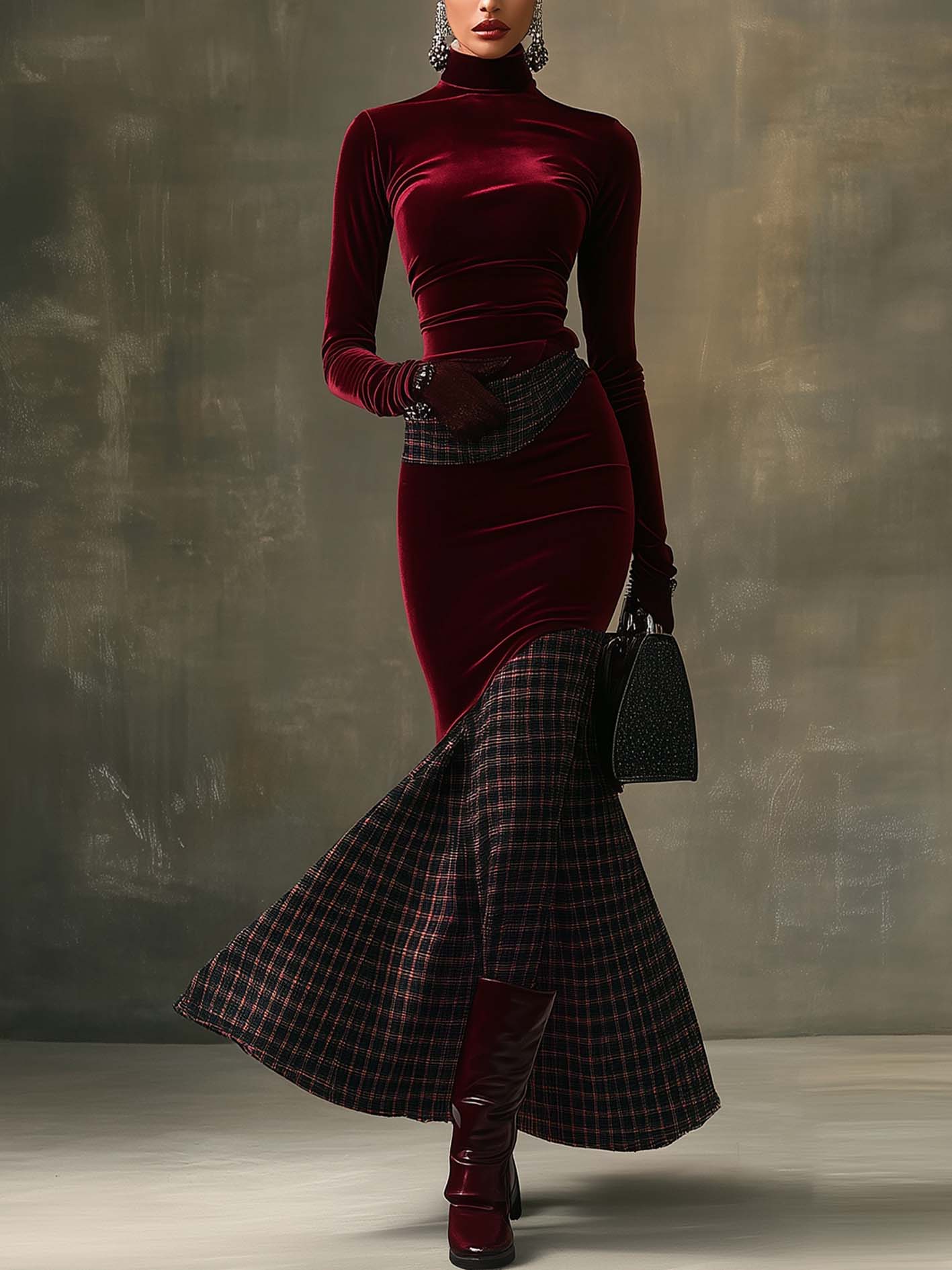 Burgundy Velvet Bodycon Dress With Patchwork Plaid