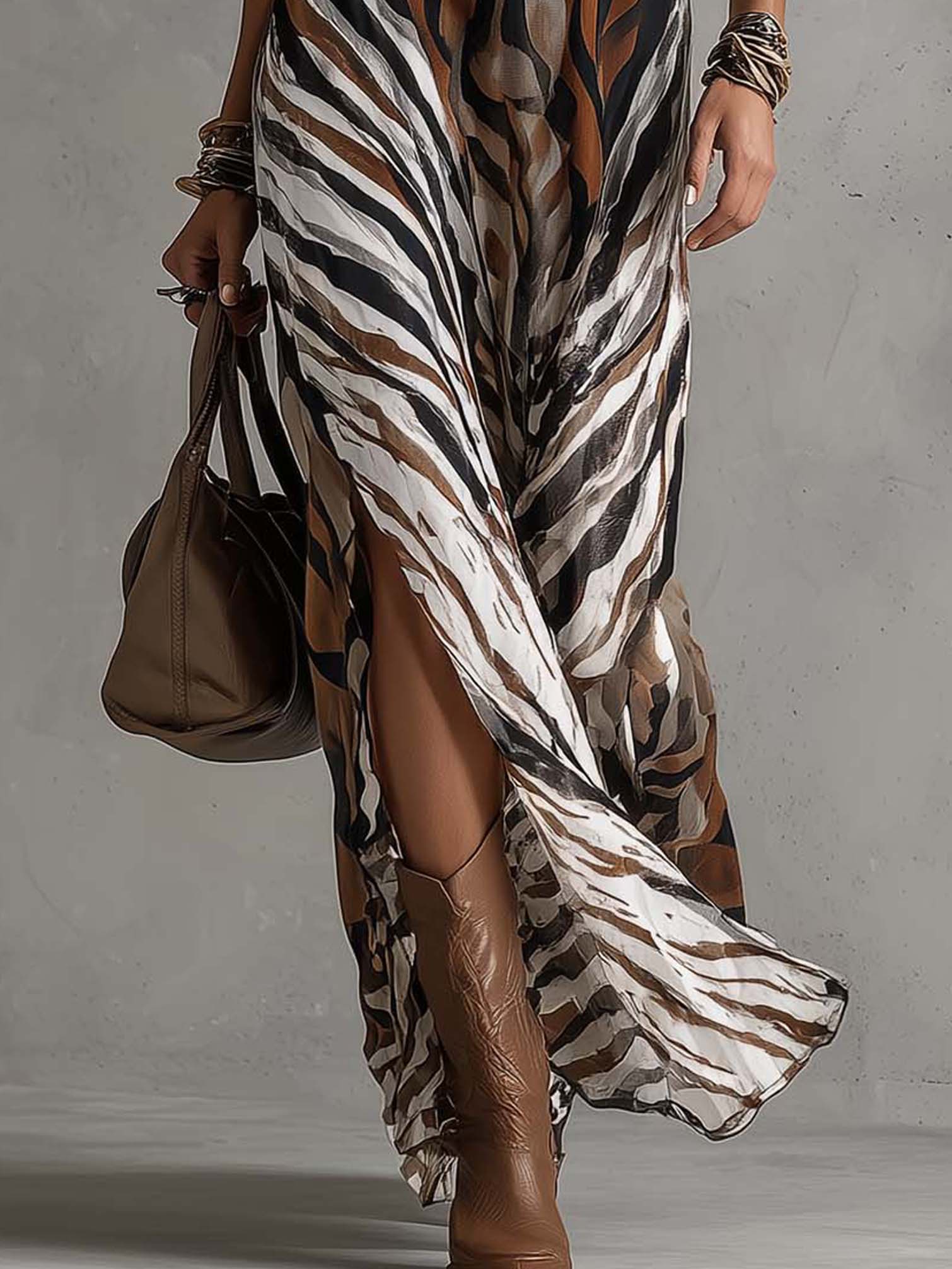 Multicolor Zebra Print Halter Neck Sleeveless Maxi Dress