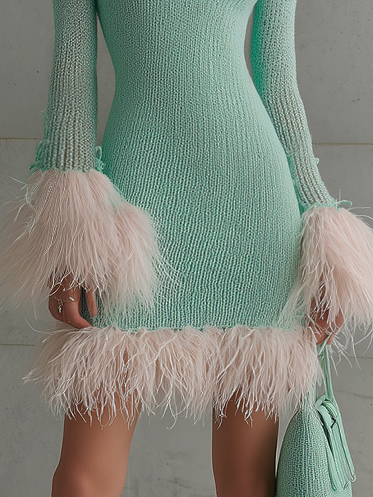 Mint Feather Trimmed V-Neck Knit Mini Dress
