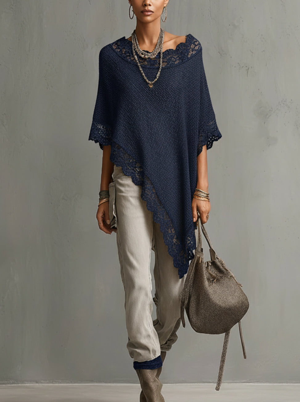 Navy Blue Lace-Trim Asymmetrical Knit Sweater