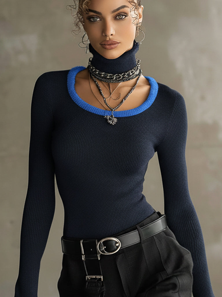 Navy Blue Contrast Knit Flare Sleeve Top