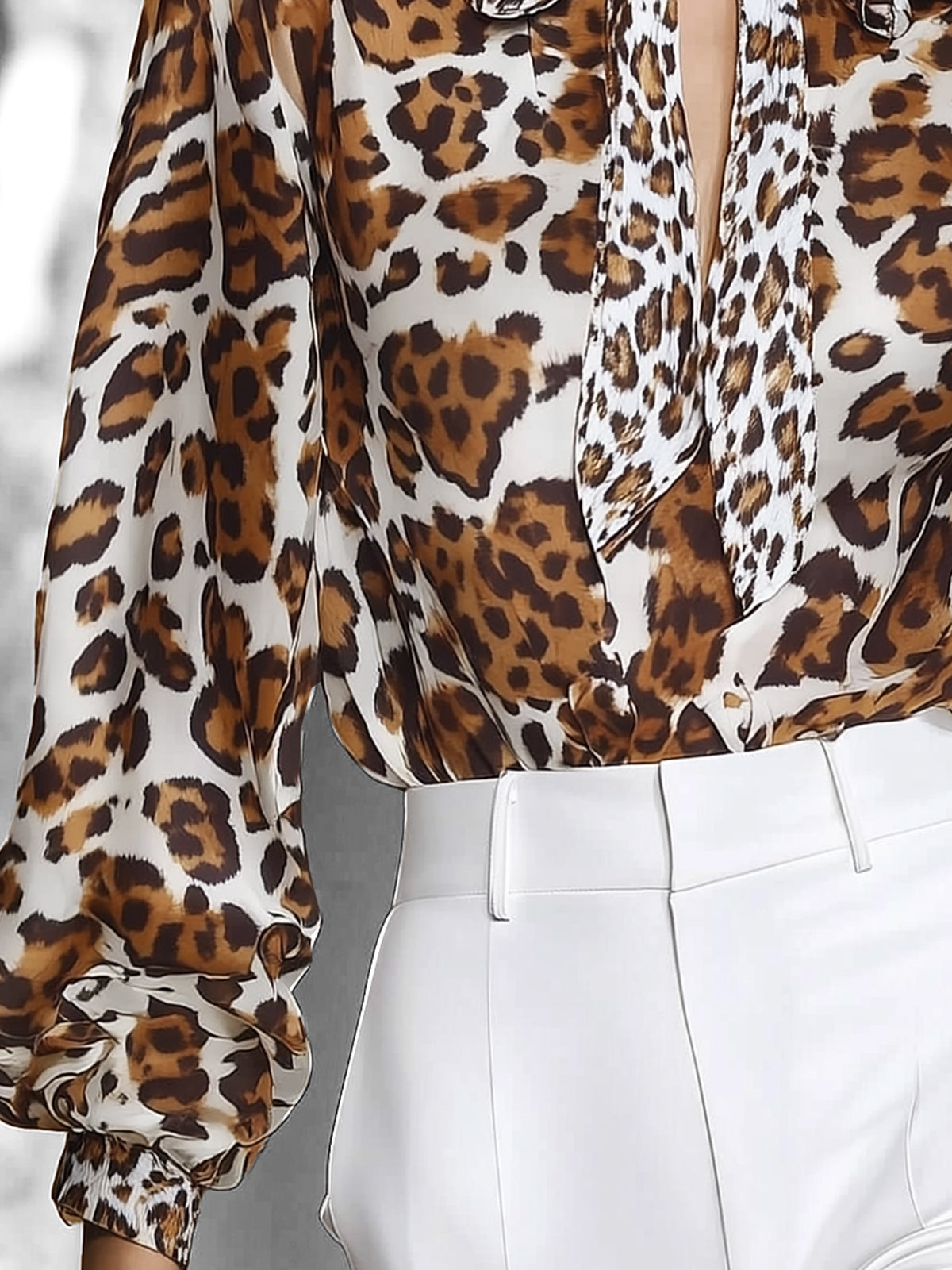 Leopard Print Sheer Blouse With Tie Neck