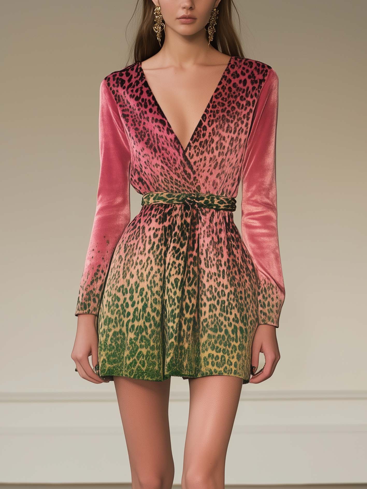 Pink Velvet Mini Dress With Green Leopard Print And Belt
