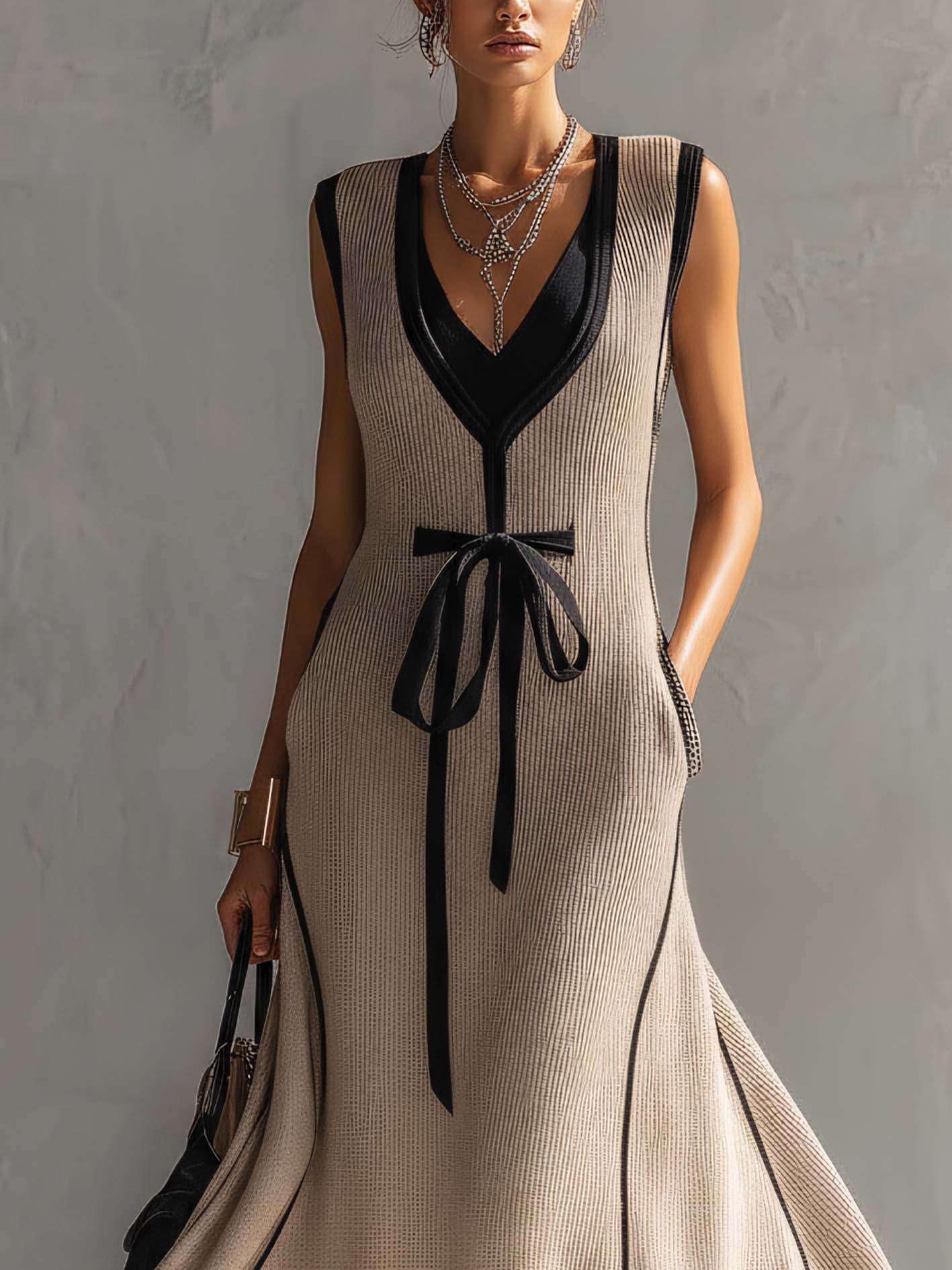 Oatmeal Knit Sleeveless Maxi Dress With Black Trim And Waist Tie