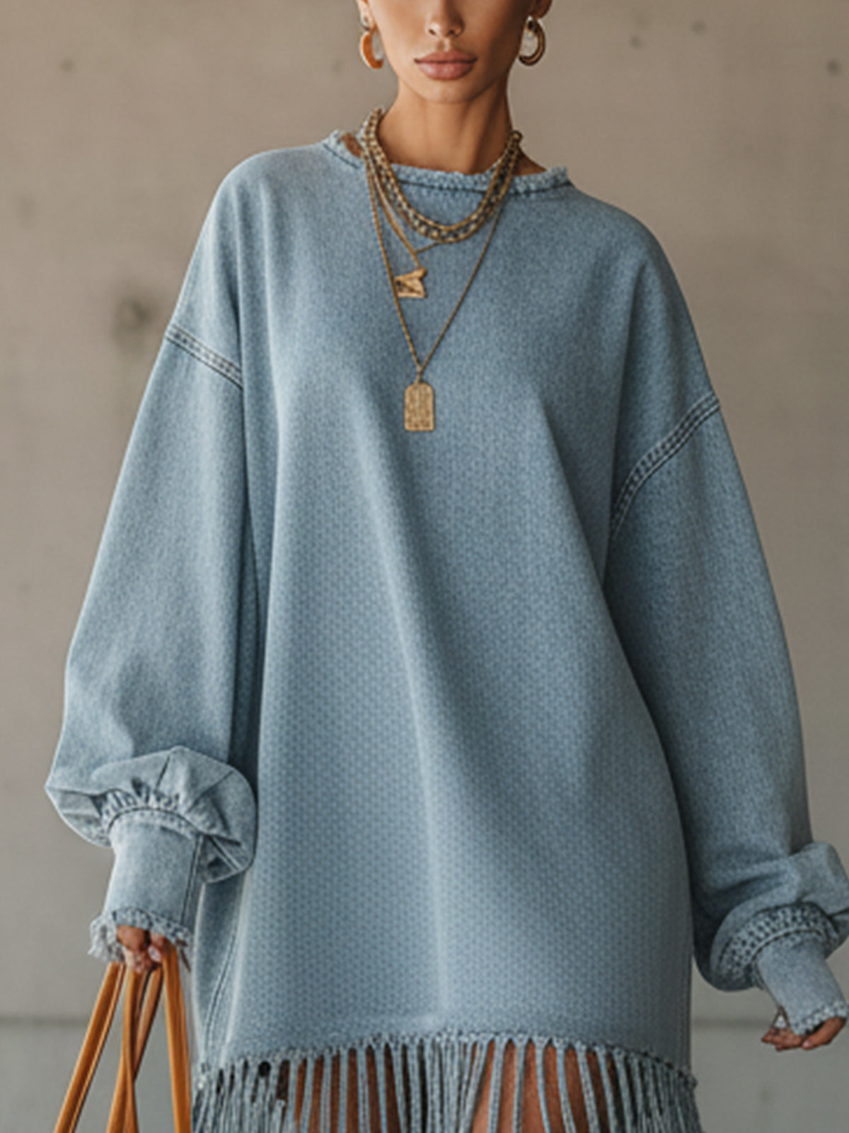 Light Blue Oversized Denim Fringe Hem Mini Dress