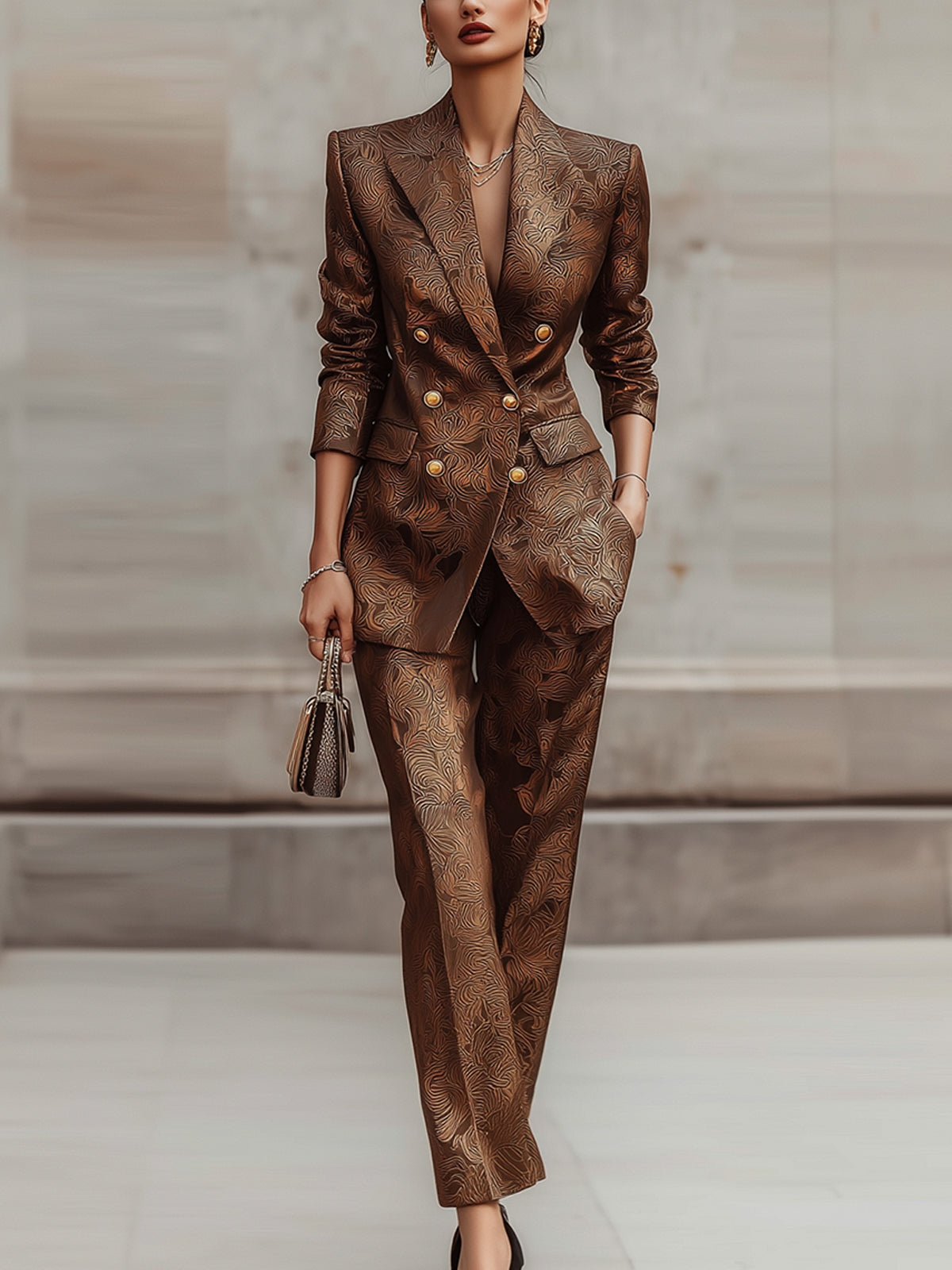 Bronze Print Double Breasted Gold Button Suit