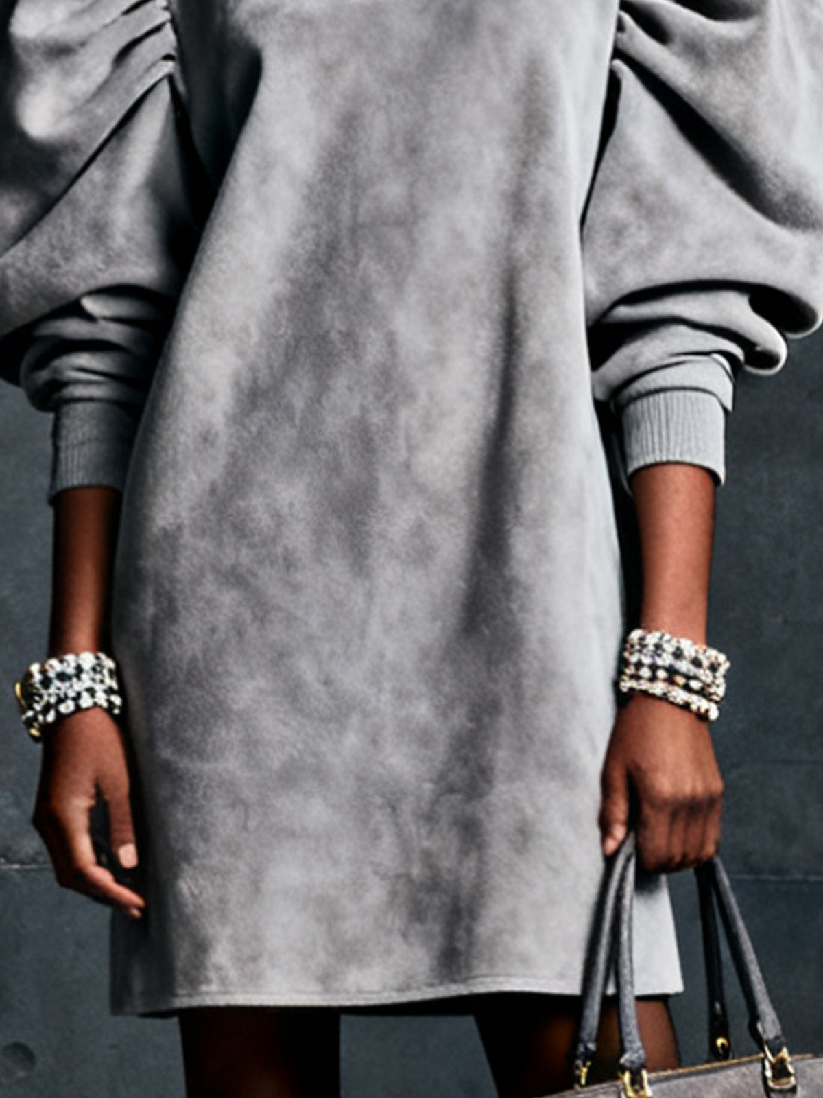 Grey Faux Suede Puff Sleeve Turtleneck Casual Dress