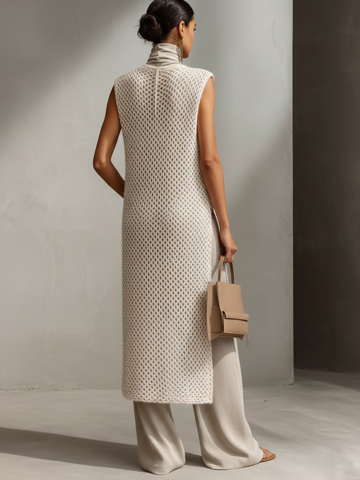 Taupe Knit-Texture Three-Piece Set – Turtleneck Top, Wide-Leg Pants & Long Vest