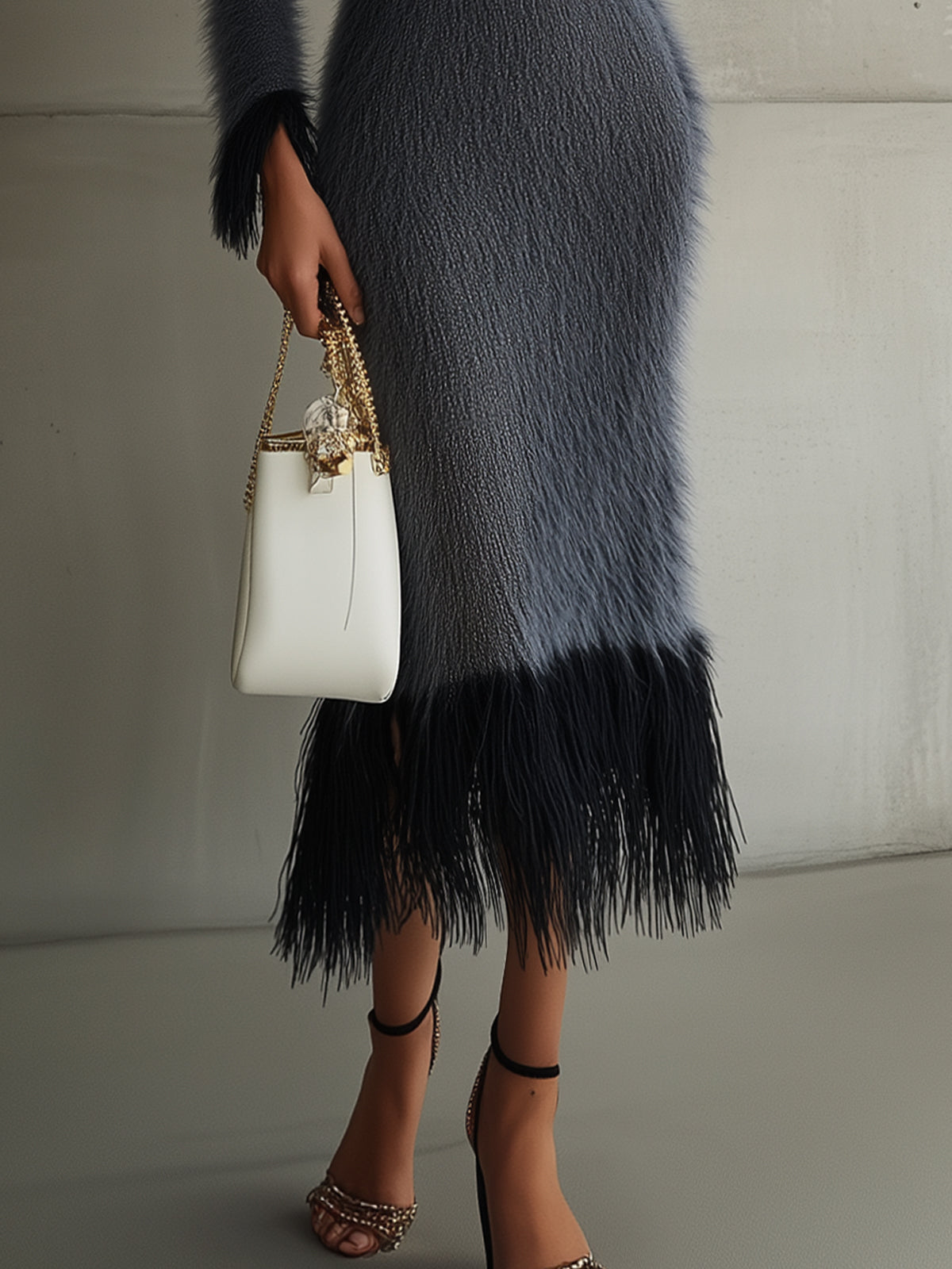 Gray Plush Knit Ombre Textured Deep V-Neck Long-Sleeved Midi Dress