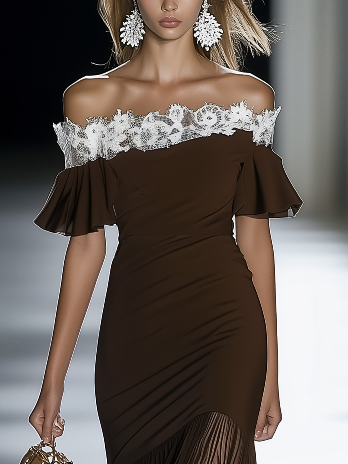Elegant Chocolate Off Shoulder Dress With Lace And Pleated Hem