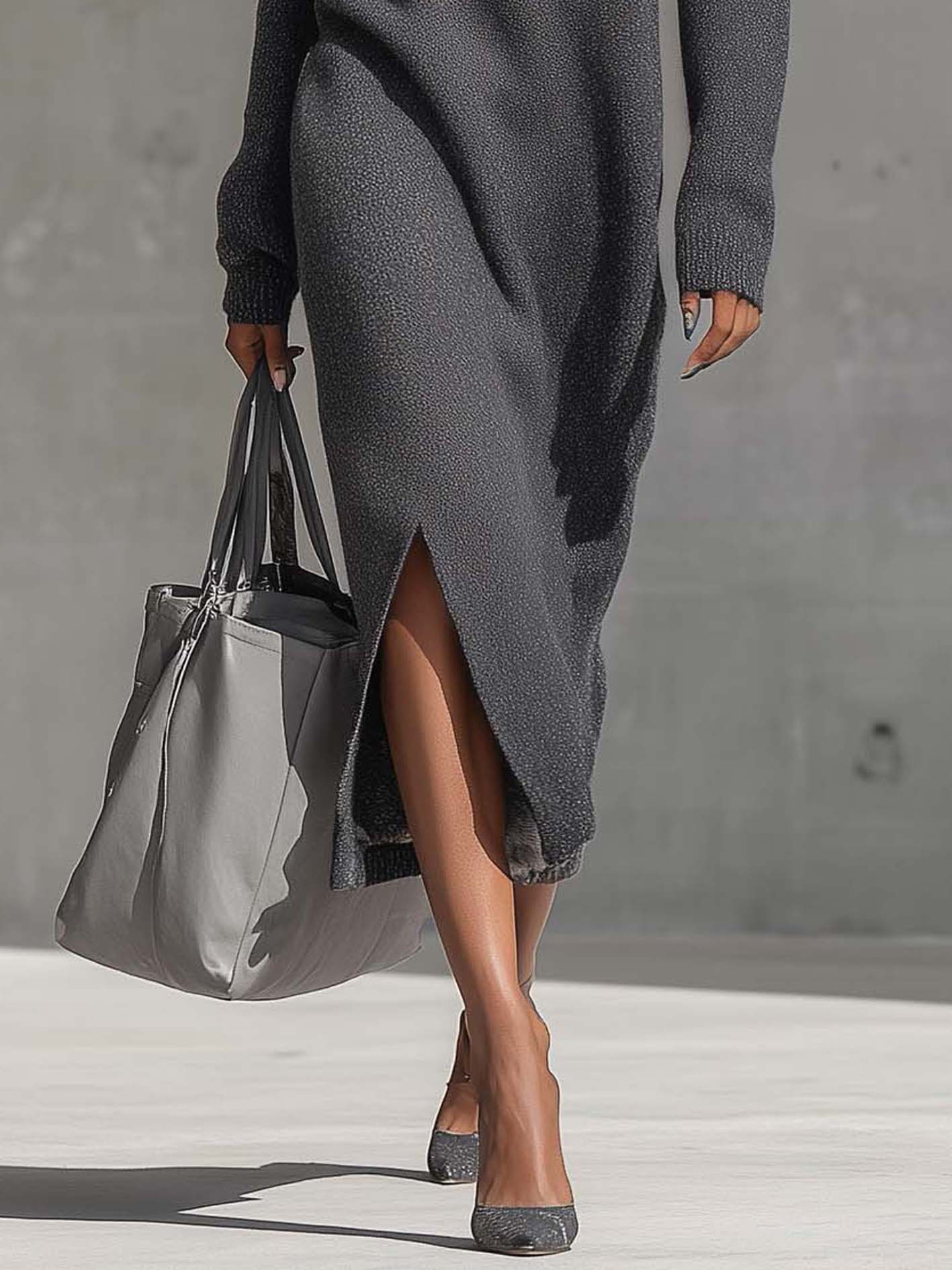 Gray Comfortable Turtleneck Midi Dress With Floral Embroidery