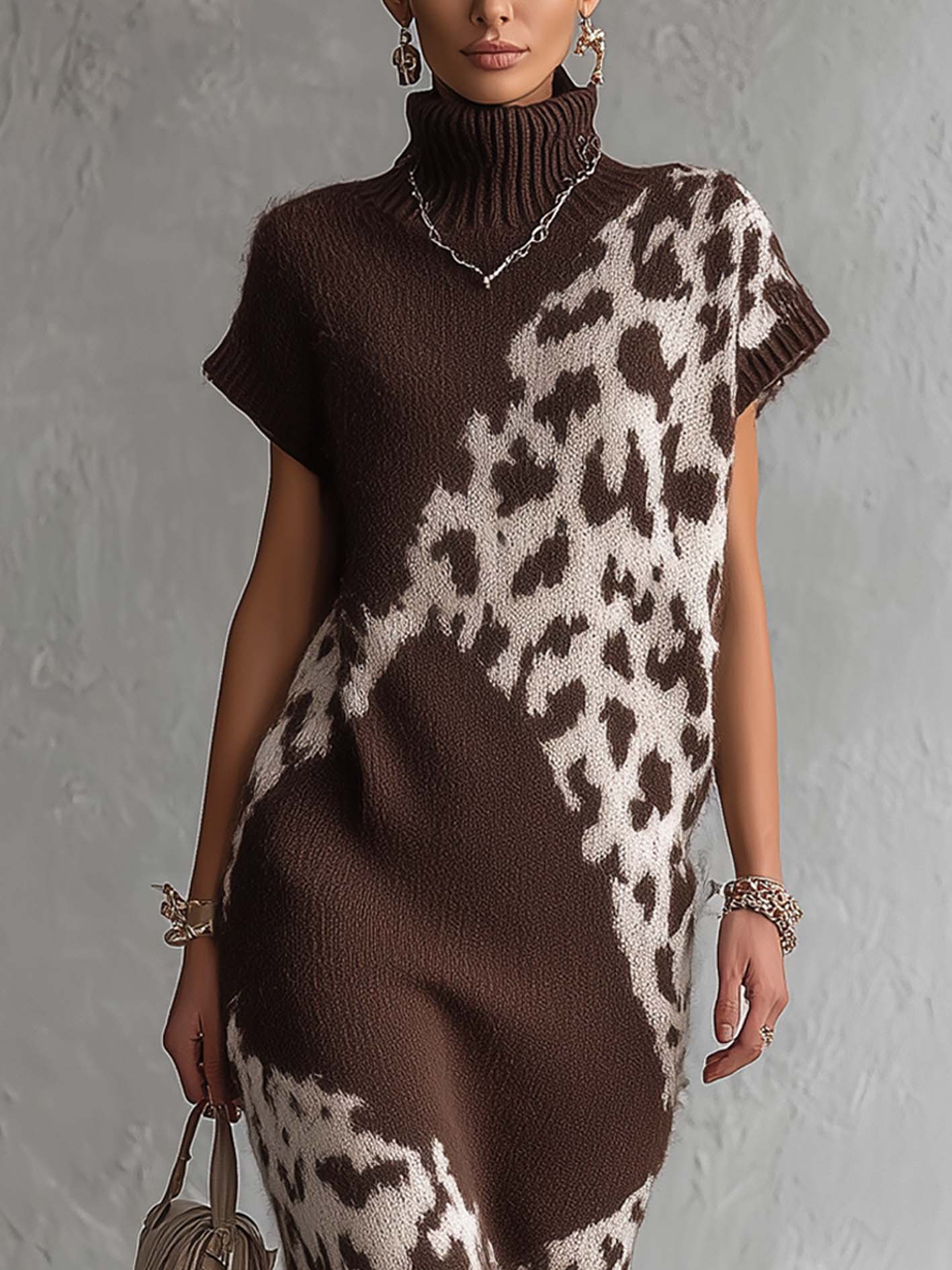 Dark Brown Leopard Print Turtleneck Knit Midi Dress