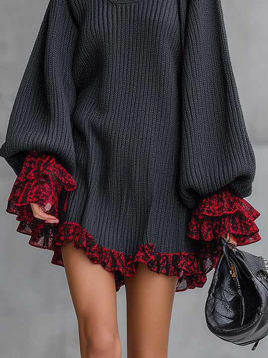 Gray Knit Hoodie Mini Dress With Red Flounce Trim