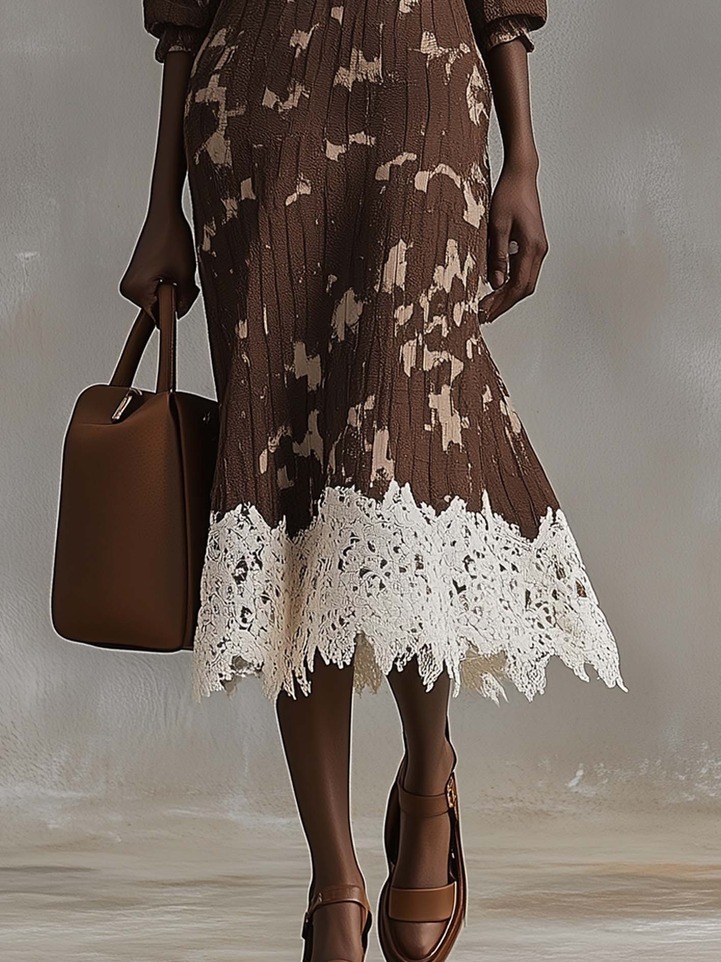 Brown Knitted Bodycon Dress With Lace And Beige Camouflage Pattern