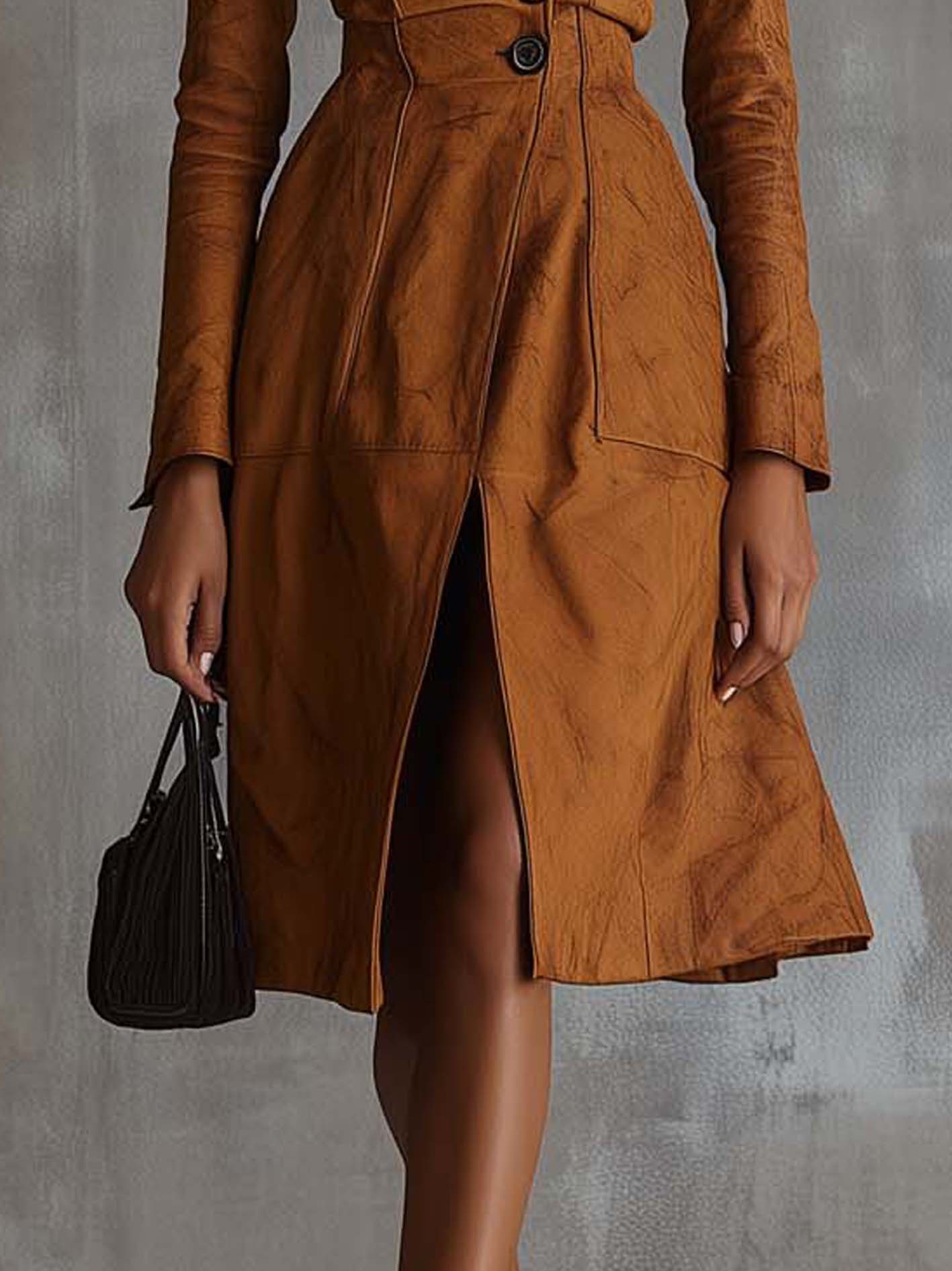 Retro Brown Faux Suede Midi Dress With Front Slit