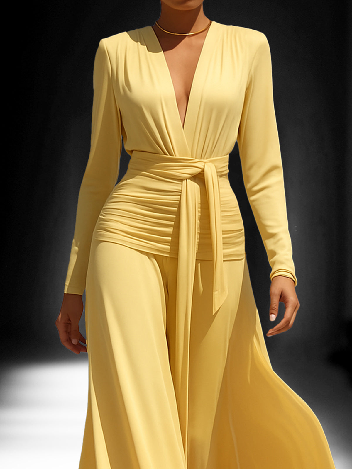 Yellow Deep V-Neck Long Sleeve Dress