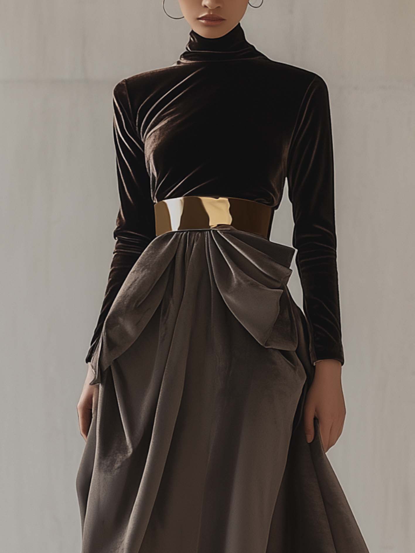 Brown And Gray Velvet Midi Dress With A Gold Fashion Belt