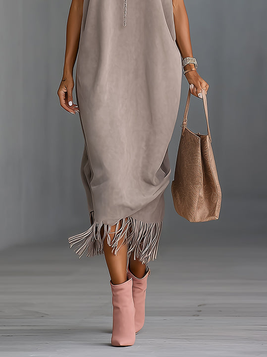 Gray Faux Suede Fringe Hem Sleeveless Turtleneck Midi Dress