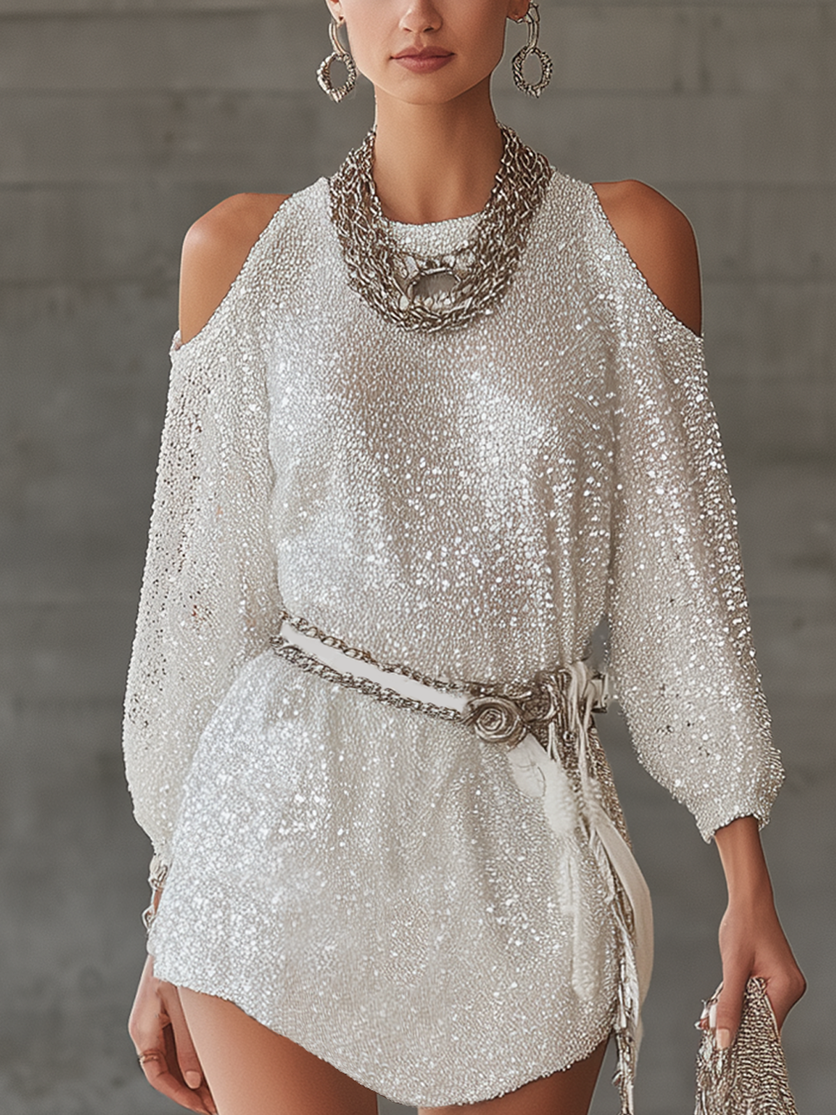 White Sequined Off Shoulder Mini Dress