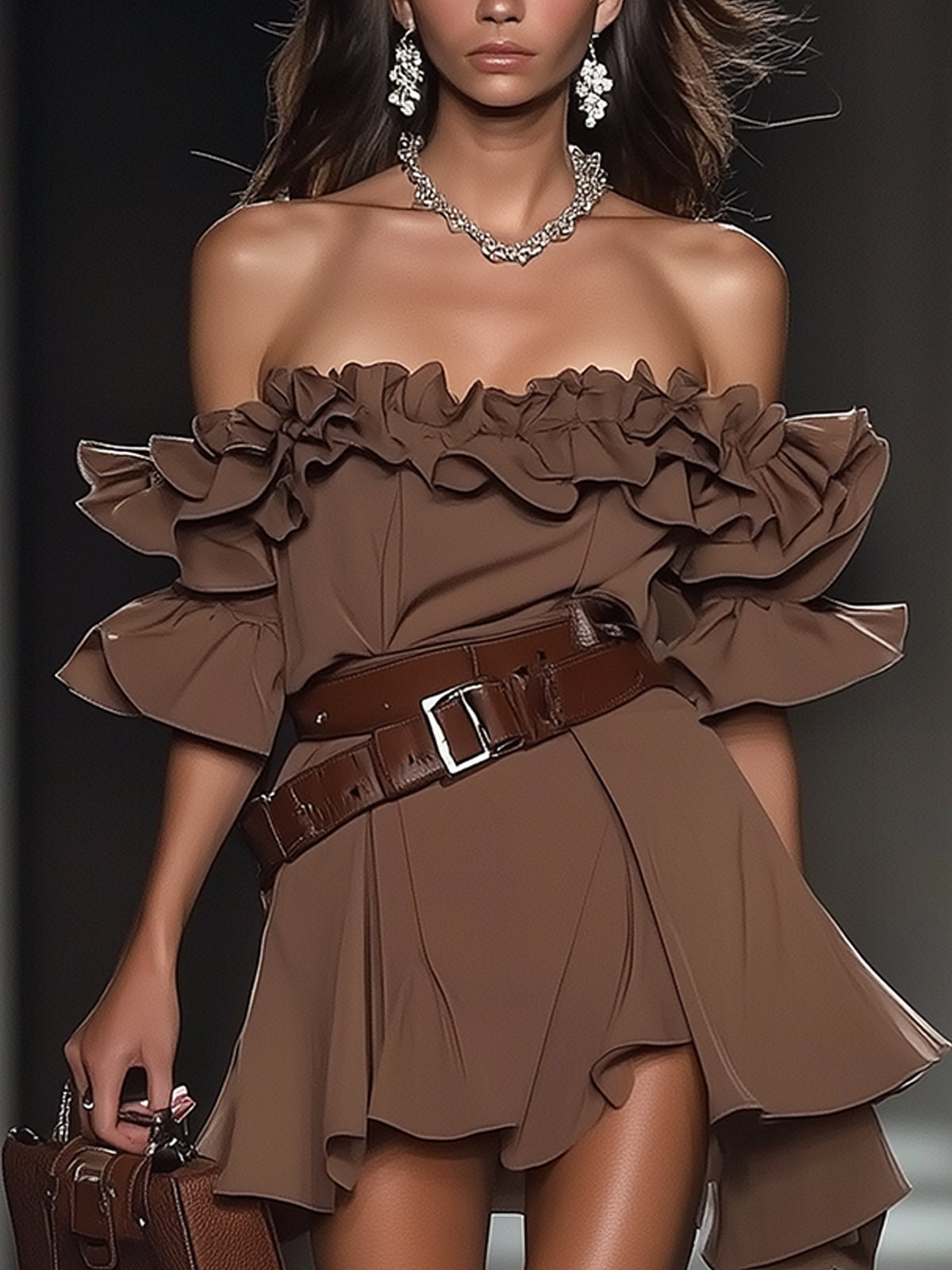 Chocolate Brown Ruffled Off Shoulder Mini Dress With Belt
