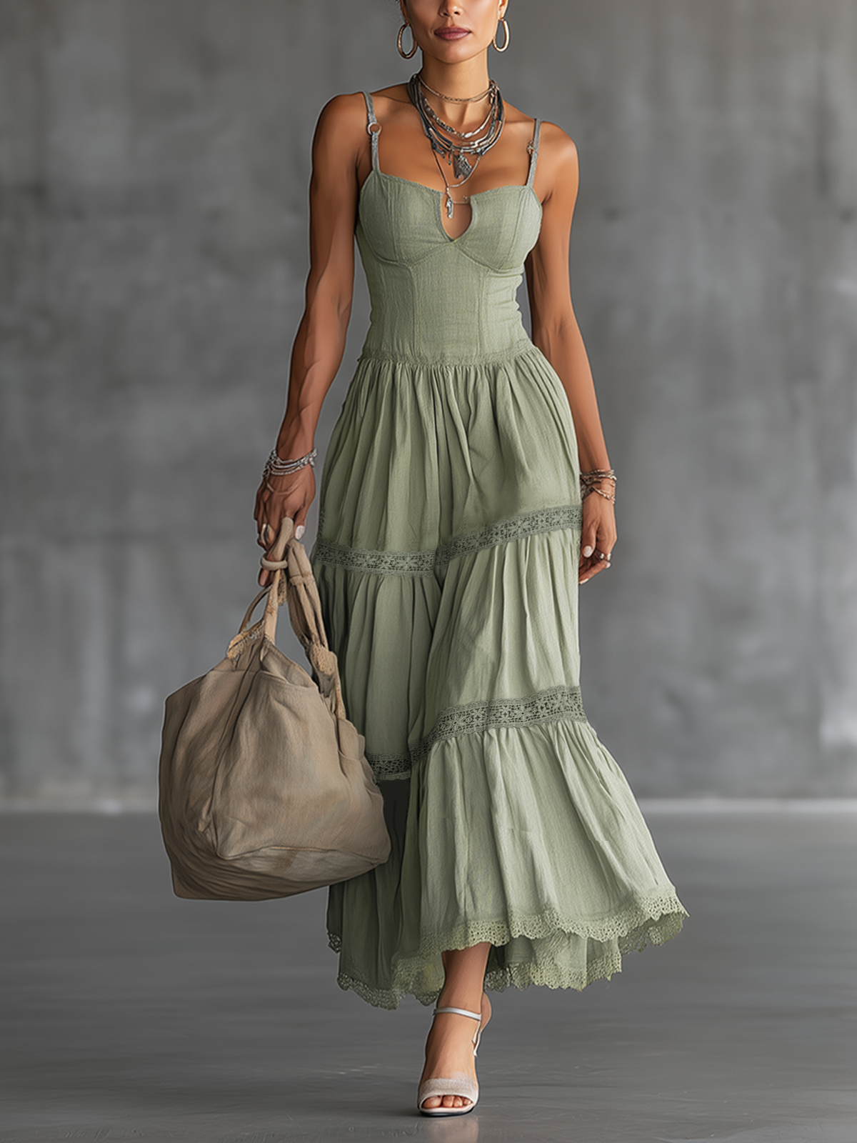 Green Lace-Trimmed Cotton Tiered Maxi Dress