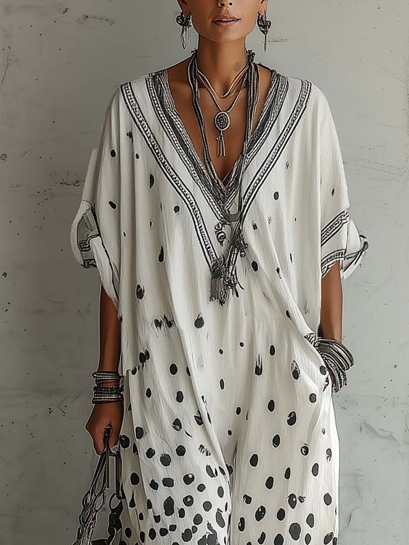 White Gradient Leopard Print Cotton Linen V-Neck Loose Jumpsuit