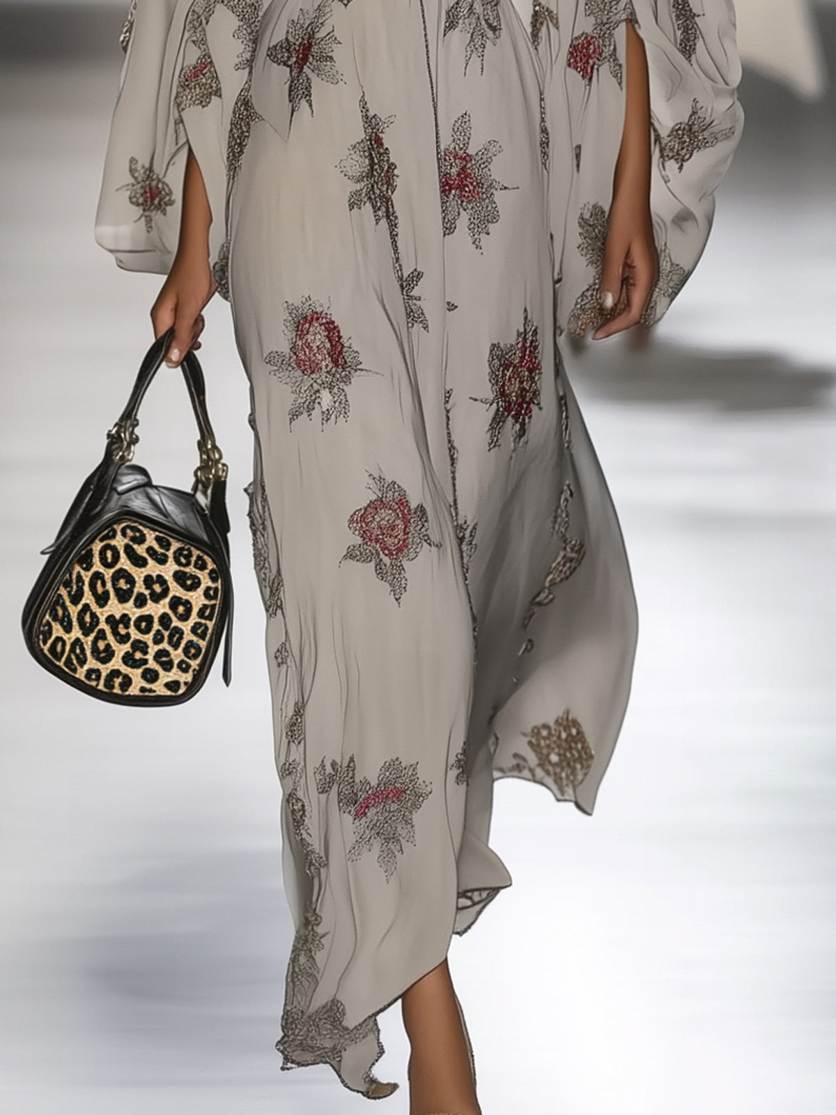 Gray Floral Chiffon Print Belted Deep V-Neck Long Sleeve Maxi Dress