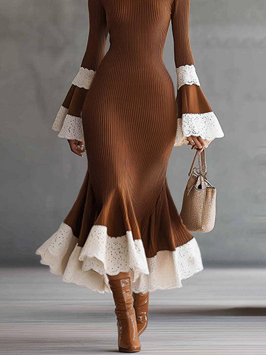Brown Ribbed Knit Flounce Hem Maxi Dress With Lace Cuff Detail