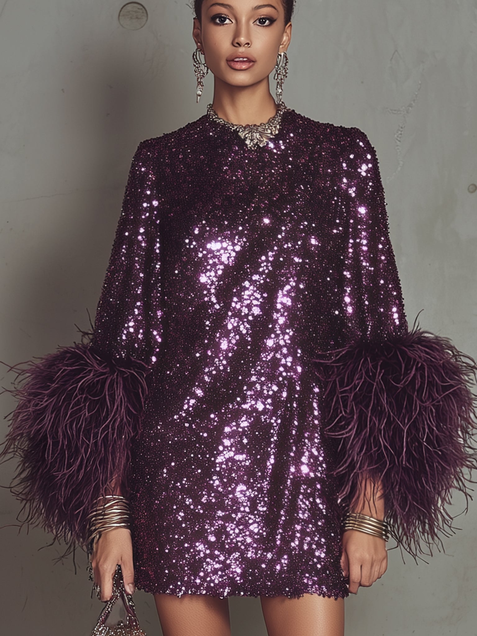 Purple Sequin Long Sleeve Mini Dress With Feather Cuffs
