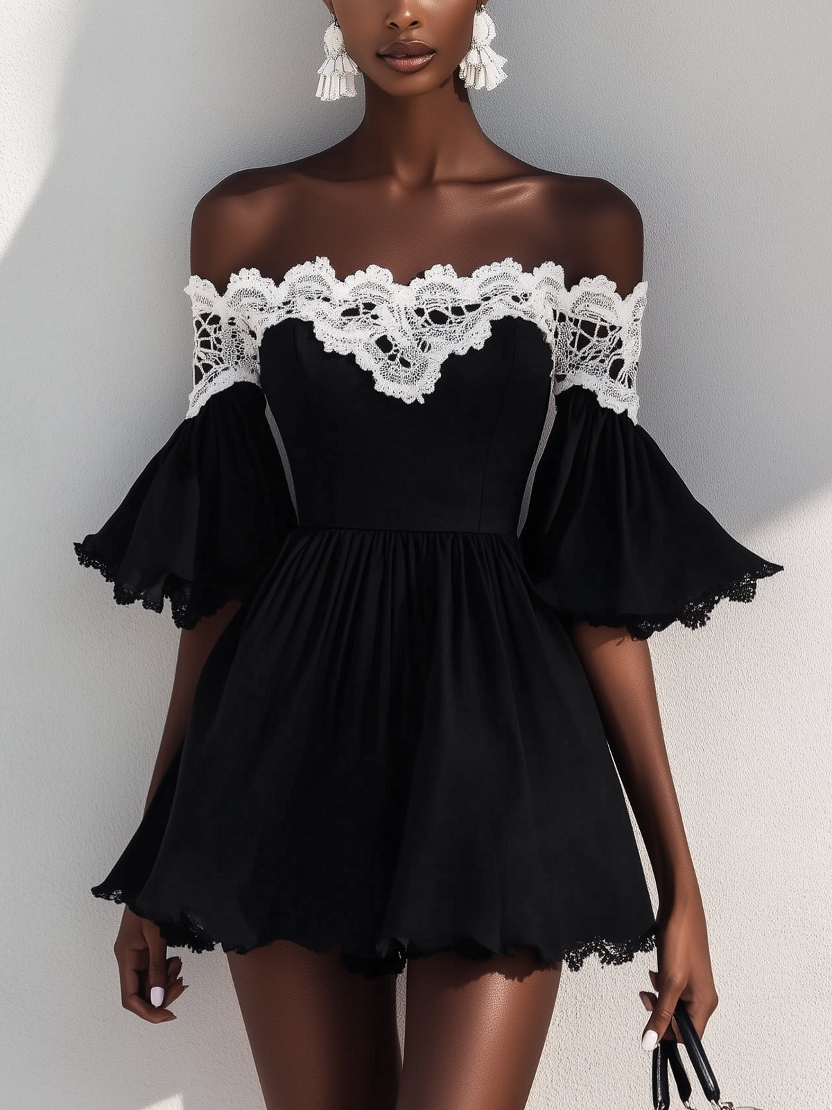 Lace Off Shoulder Flared Sleeve Mini Dress