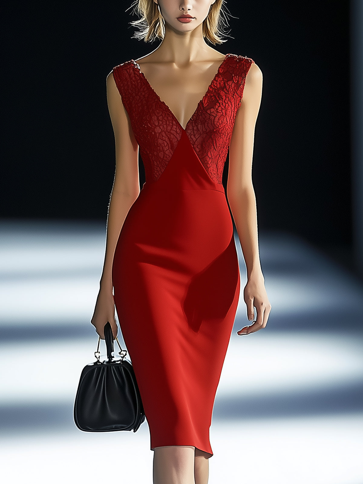 Red Lace Panel V-Neck Bodycon Dress