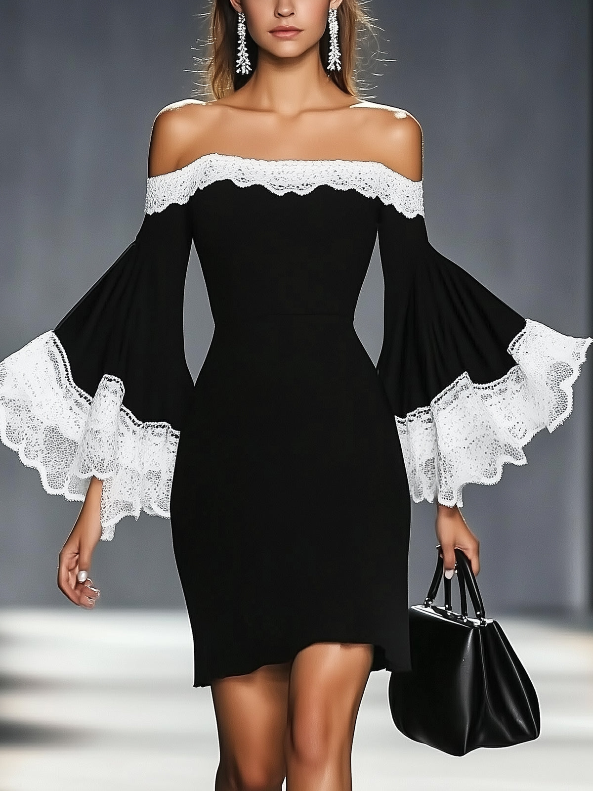 Off Shoulder Lace Flared Sleeve Bodycon Dress